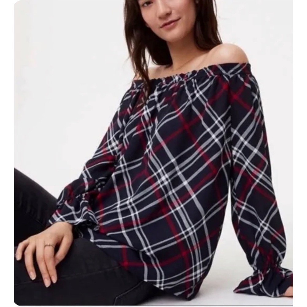 LOFT Plaid Navy Blue Red Ruffle Cuff off the Shoulder Top